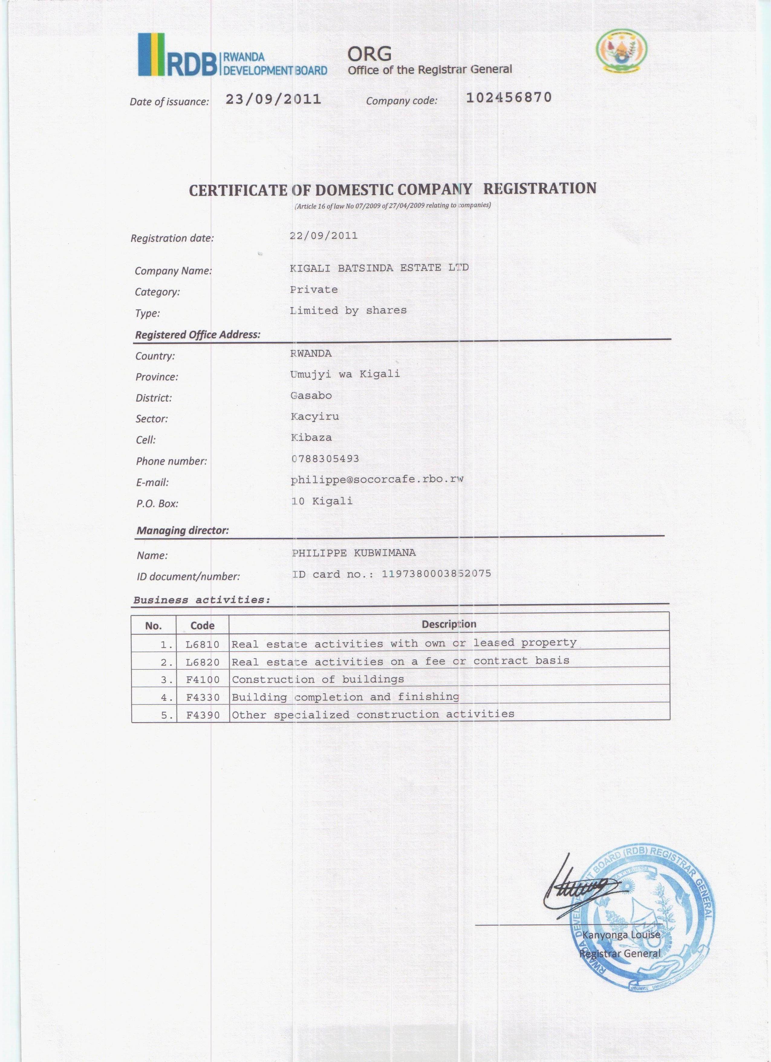 KIGALI BATSINDA ESTATE Certificate 001